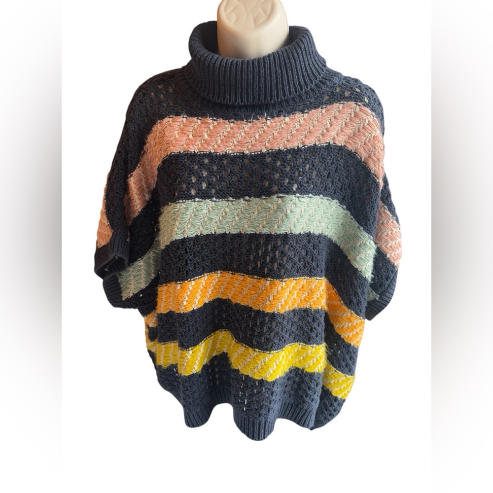 Anthropologie Navy Striped Turtleneck Sweater OS Poncho Crochet Boho Grannycore